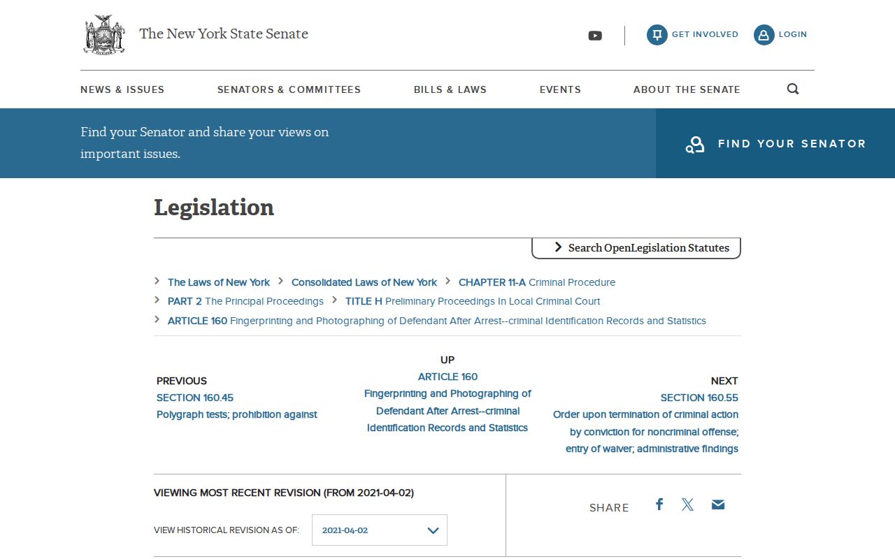 New York CPL 160.50 official statutory page for Westchester County booking record sealing