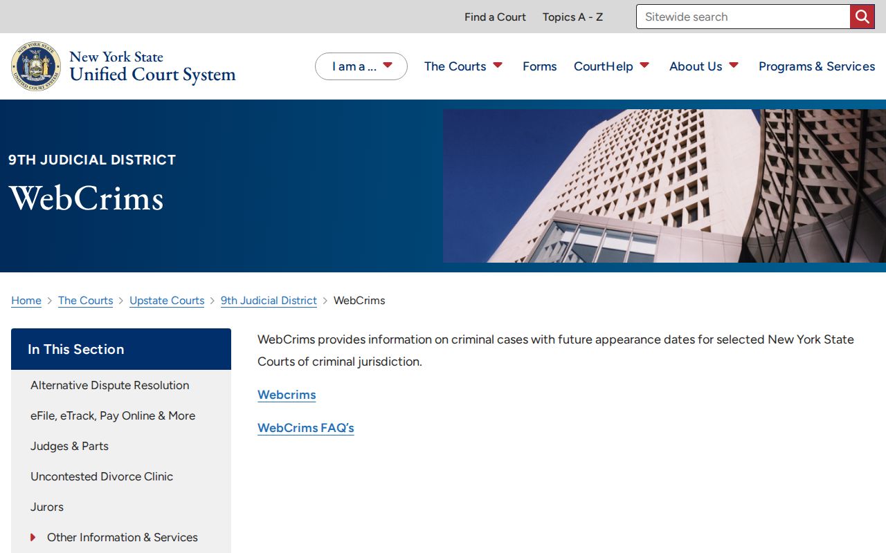 New York WebCriminal court search information for Westchester County booking case follow-up