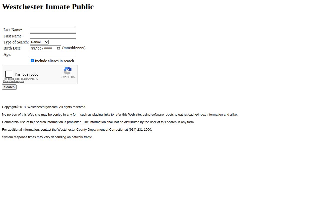 Westchester County current-custody roster search form with no public mugshot field